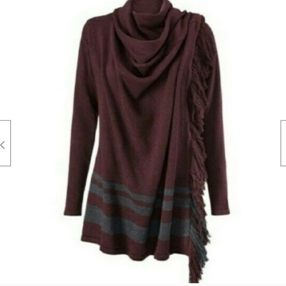 CAbi Wine Port Fringe Wrap Cardigan Sz XS